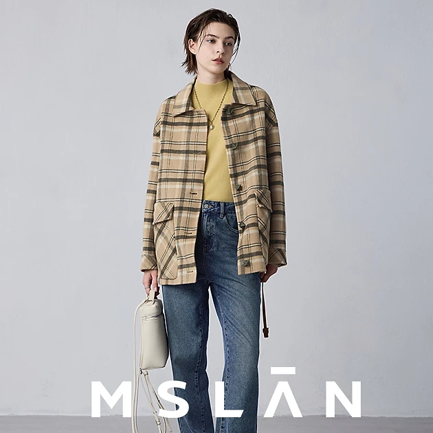 冬季新款格纹休闲翻领百搭绵羊毛双面呢大衣外套MEDV3303