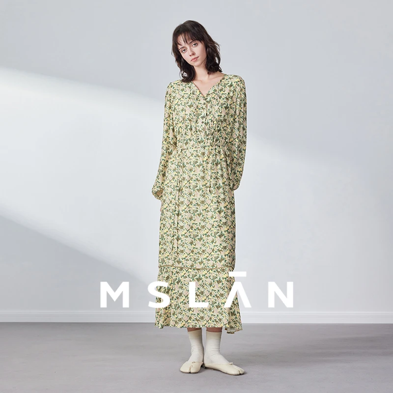 MSLAN【莫奈花园风】春季新款时尚民俗塔克装饰系带连衣裙女MGAT348