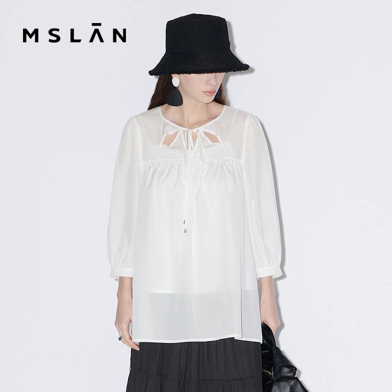 夏新款甜美轻薄透气镂空绑带领口衬衫通勤气质套衫 MFBE1507