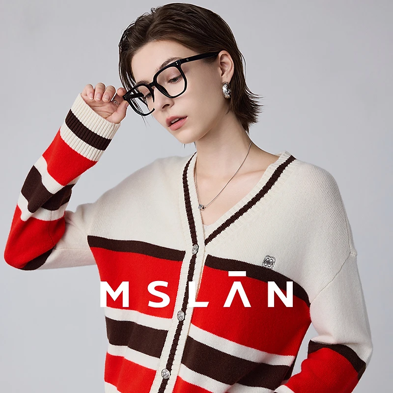 MSLAN【商场同款】新款V领撞色条纹时尚休闲针织开衫外套女 MFDW438