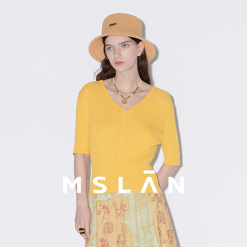 MSLAN【商场同款】春季新品显瘦百搭气质V领纯色针织开衫女MFBA2303