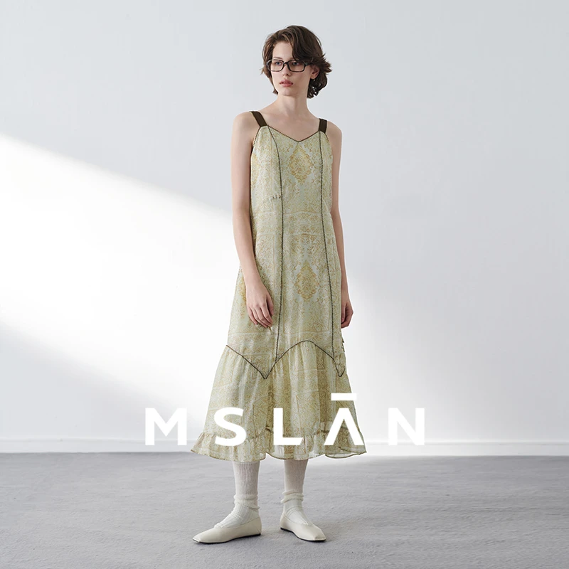 MSLAN【商场同款】2024年春季新款复古花边轻薄雪纺女吊带裙MGAT226