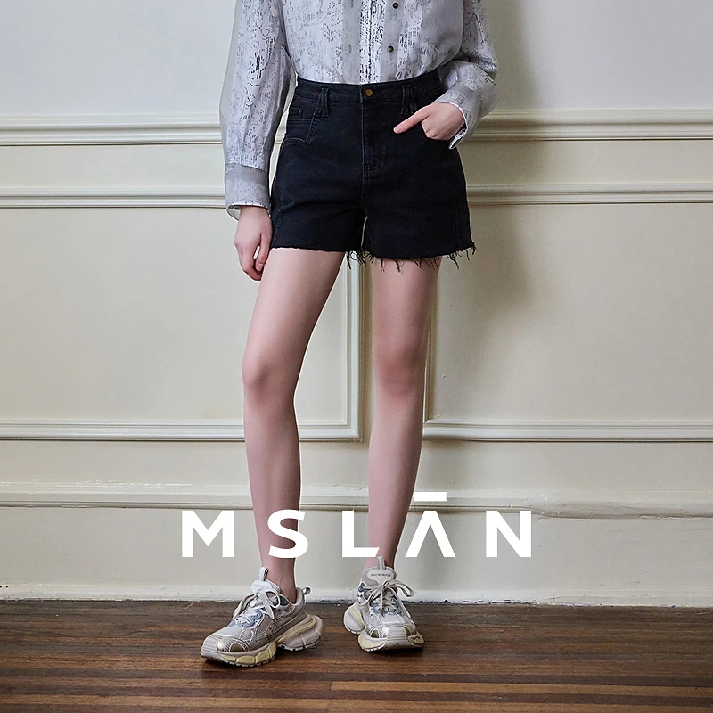 MSLAN【商场同款】秋季新款显瘦百搭黑色毛边牛仔短裤裤子 MECE6102
