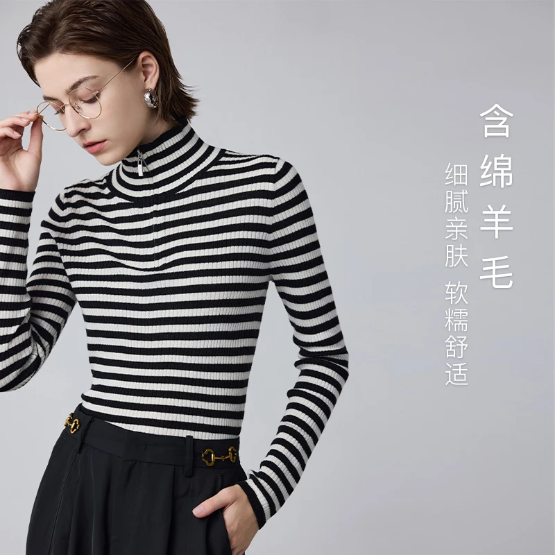 MSLAN【商场同款】新款长袖针织衫条纹气质显瘦拉链毛织套衫MFDN283