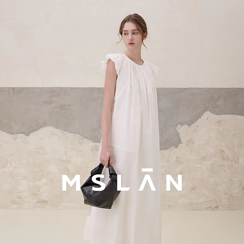 MSLAN新款圆领减龄小飞袖长裙时尚A字版收腰慵懒连衣裙女 MGBT543