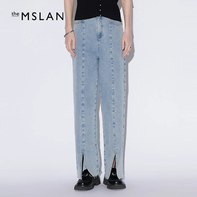 MSLAN高腰开叉直筒水洗牛仔裤复古阔腿显瘦休闲裤女 MFBM7001