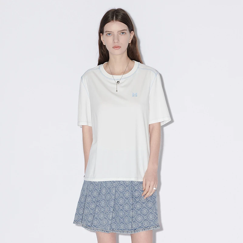 MSLAN刺绣合身时尚休闲运动白色针织纯棉夏季宽松百搭T恤MFBN1105