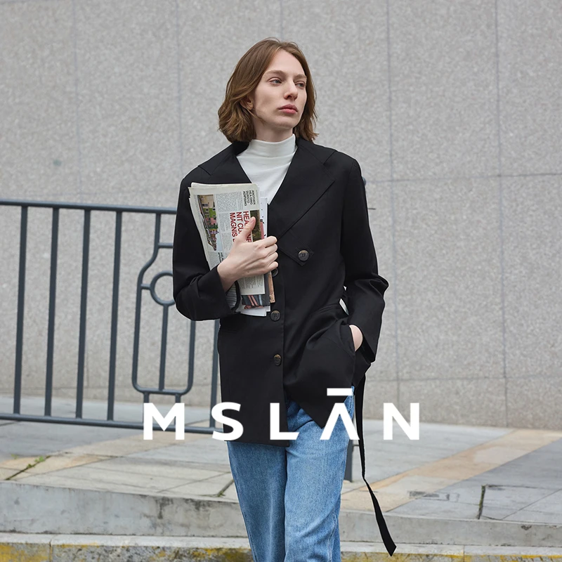 MSLAN【含腰带修身西装】春季时尚气质千金风黑色收腰外套 MEAA2514