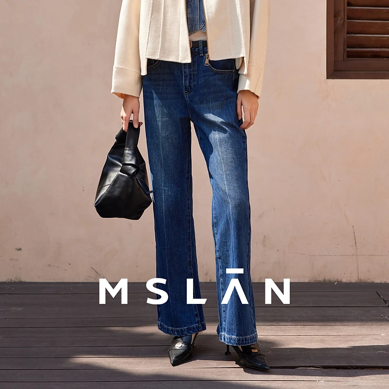 MSLAN【商场同款】秋季新通勤高腰显瘦微喇开叉柔软牛仔裤 MEDV7001