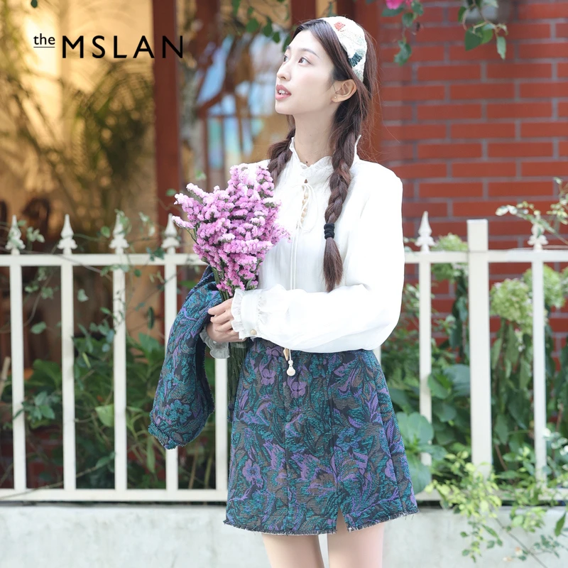 MSLAN复古毛边老花A字半身裙时尚质感重工提花小短裙女  MFAA8102