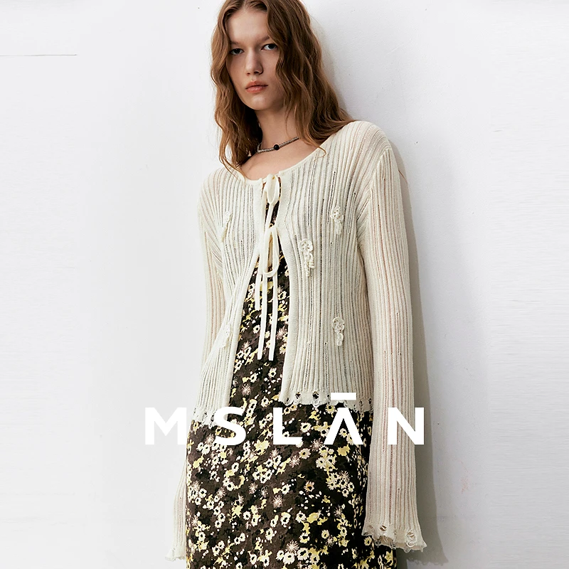 MSLAN【商场同款】新款气质时尚花朵绑带百搭开衫甜美休闲风MGCW484