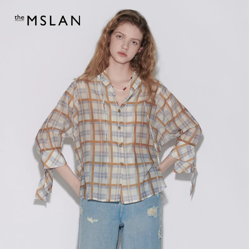 theMSLAN【商场款】夏季新款时尚休闲百搭格纹V领绑带衬衫 MEBM1417