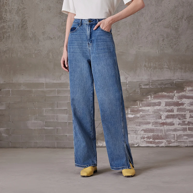 100%棉百搭牛仔秋冬新款拼接撞色设计宽松直筒阔腿牛仔裤MFCN7001