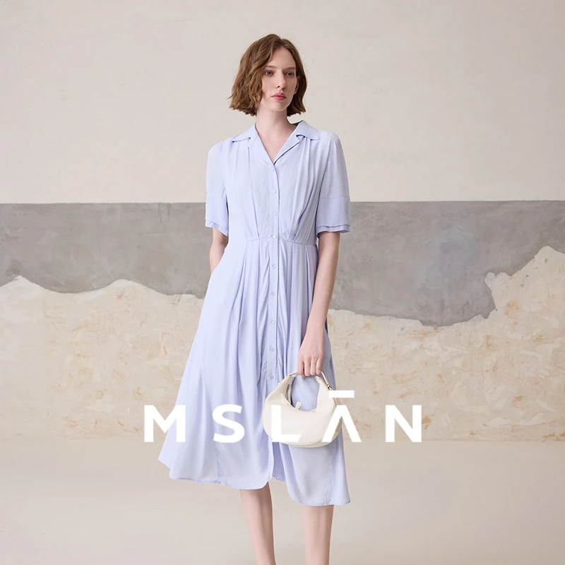 MSLAN【莫奈花园风】V领时尚衬衫裙收腰显瘦压褶连衣裙 MFBM4102
