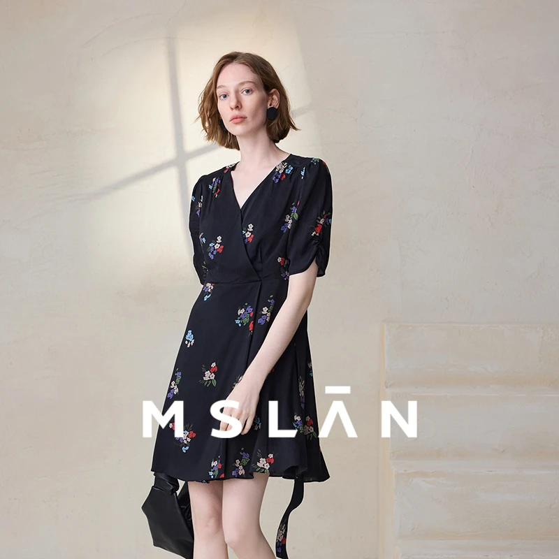 MSLAN茶歇裙优雅碎花裙复古浪漫气质泡泡袖收腰连衣裙女 MEBA4148