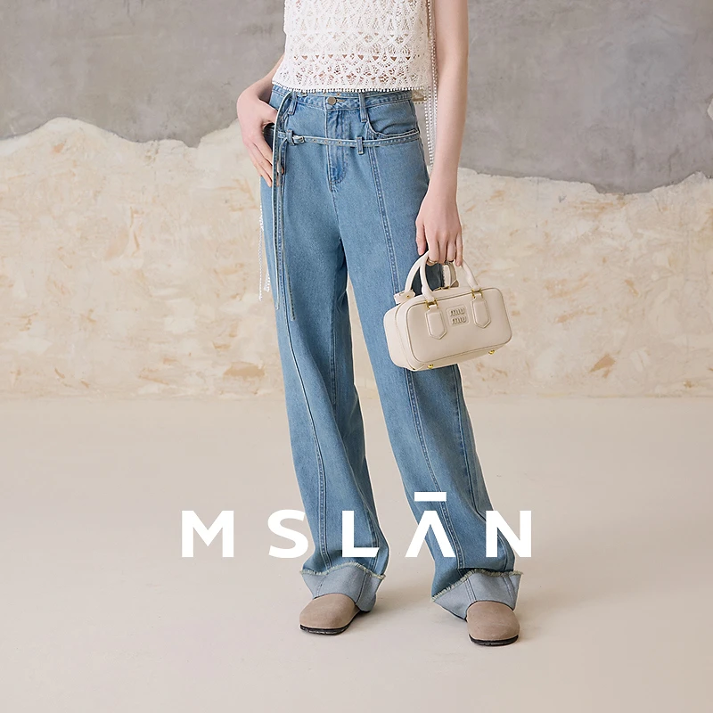 MSLAN夏季新款毛边腰头分割长裤双腰带棉质翻折直筒牛仔裤MGBK569