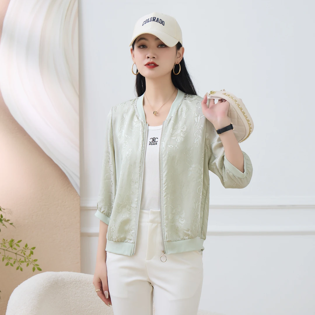 C003莱赛尔天丝棒球服女短外套2024夏季百搭薄款提花外搭时尚空调