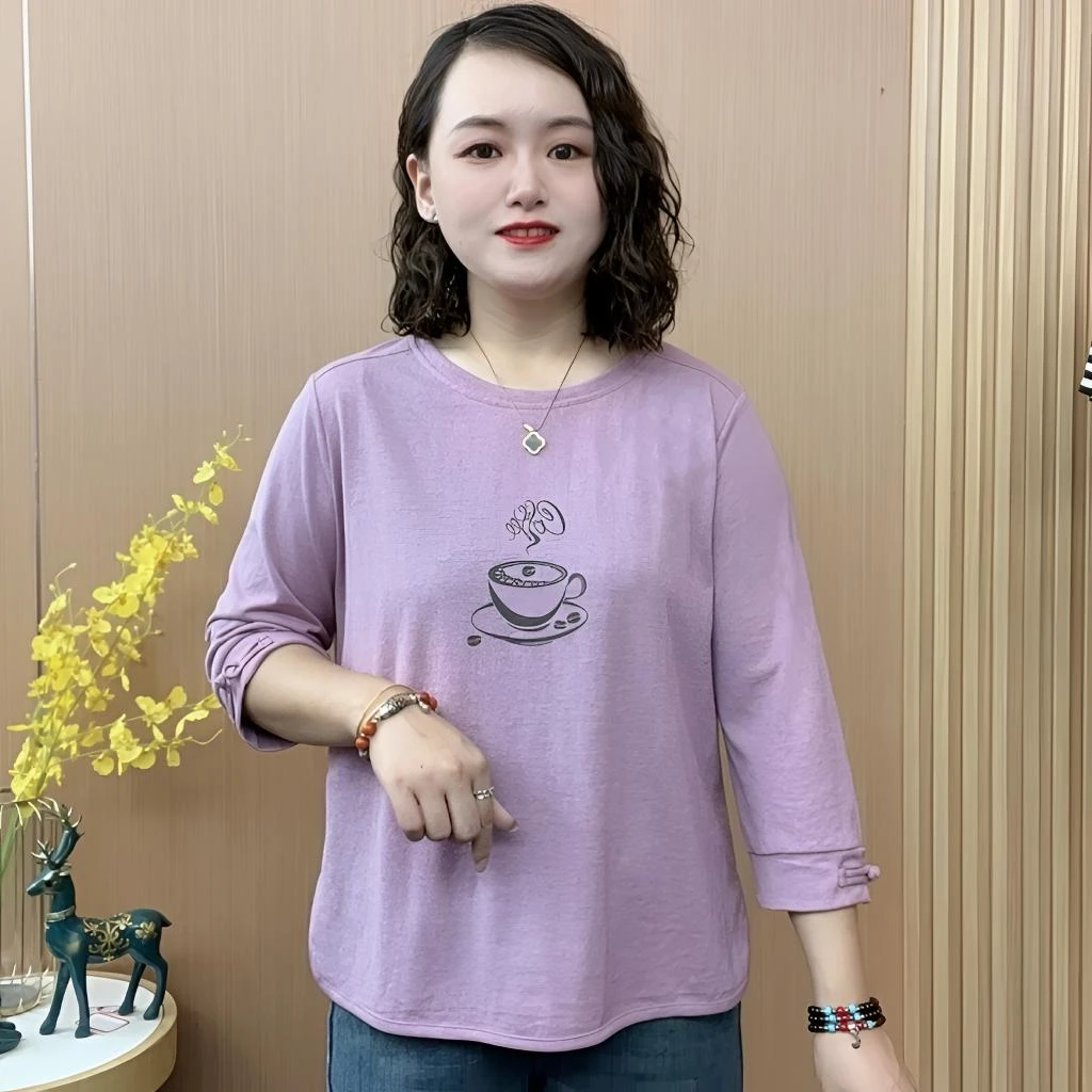 早秋新款时尚洋气妈妈上衣宽松休闲薄款中式开叉下摆7分袖圆领T恤