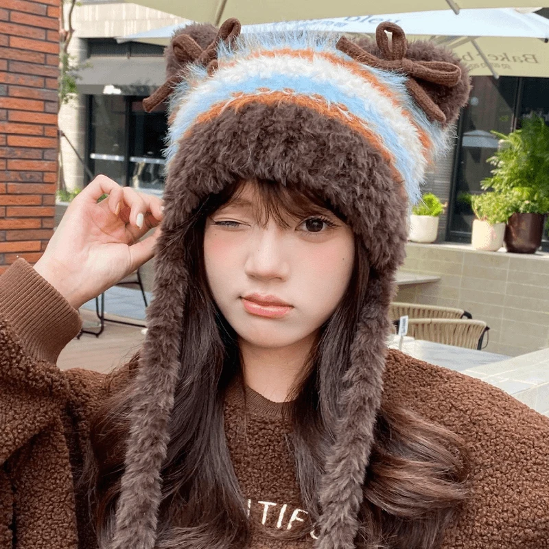 可爱毛绒小熊护耳帽子女冬季加厚加绒蝴蝶结猫耳朵保暖毛线针织帽