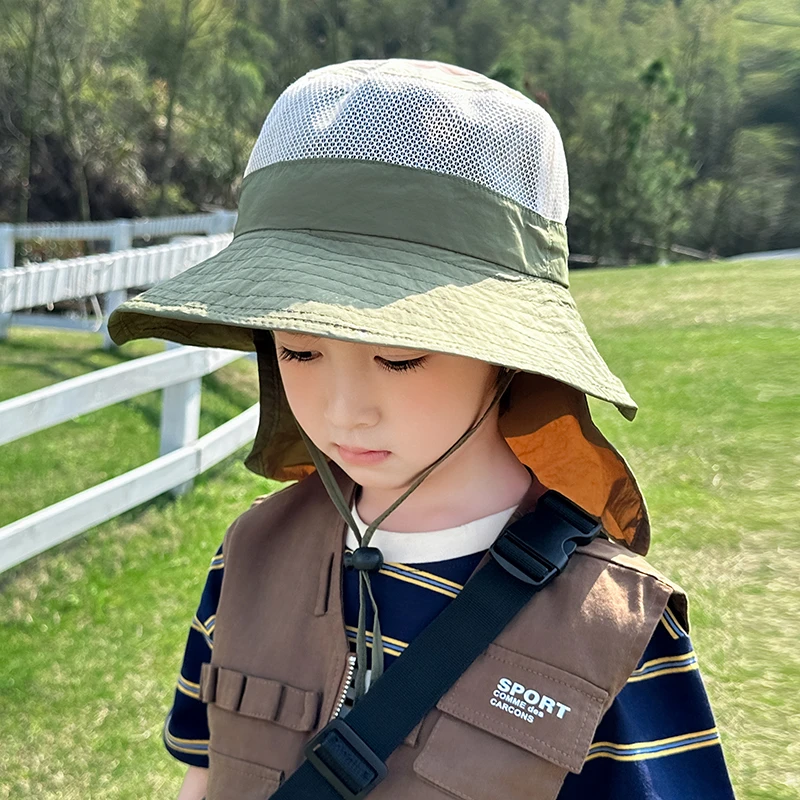 儿童防晒帽子夏季户外出游男女童网眼遮阳渔夫帽宝宝大帽檐披肩帽