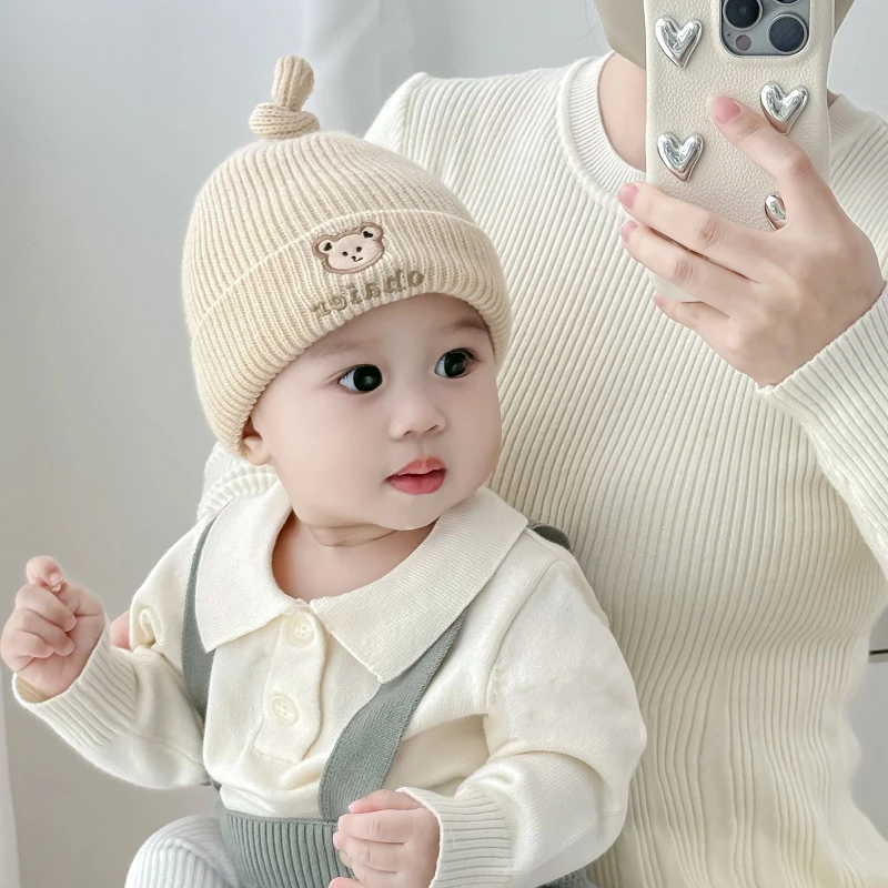 婴儿帽子秋冬款可爱婴幼儿小熊针织帽冬天小月龄男宝宝保暖毛线帽