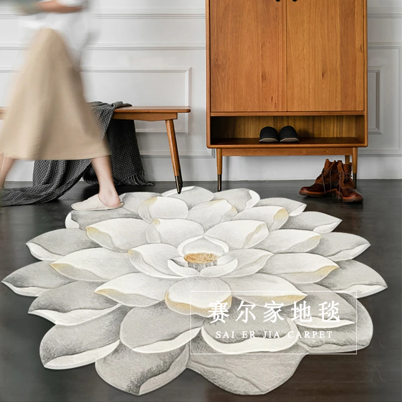 灰色莲花荷花地毯不规则禅意书房客厅卧室入户地毯新中式床边毯厚
