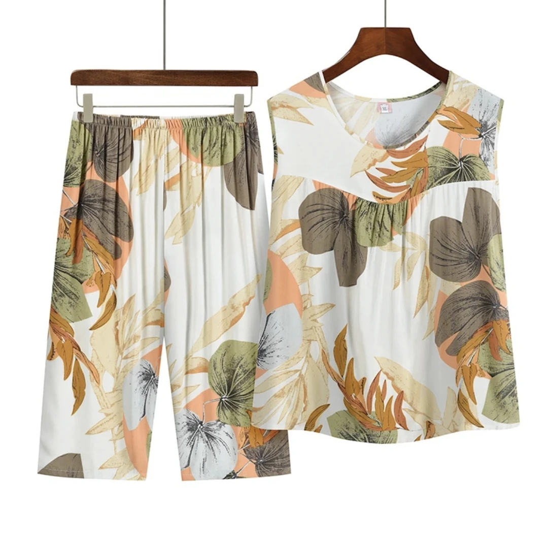 棉绸无袖套装女夏季2023五分裤两件套时尚妈妈中老年年轻家居服