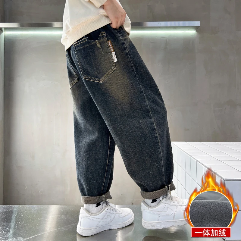 儿童装男童加绒裤子秋冬2023新款中大童牛仔裤加厚保暖男孩冬装潮