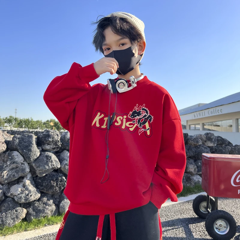 儿童男童卫衣红色年服2023新款打底衫本命年冬季加绒中大童拜年服