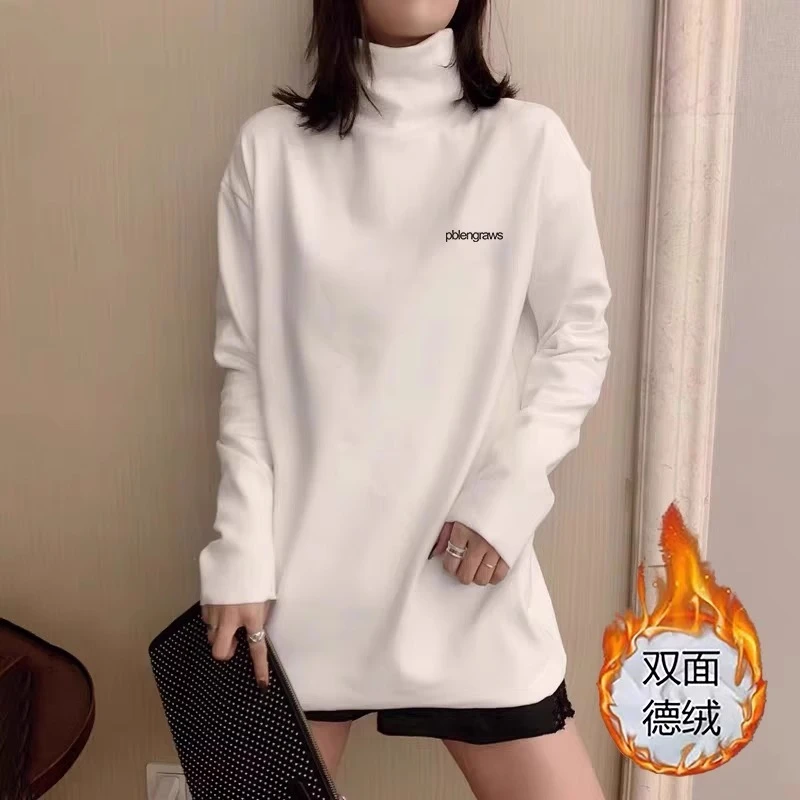 德绒高领打底衫女秋冬加绒加厚中长款长袖T恤鲨鱼裤搭配的上衣