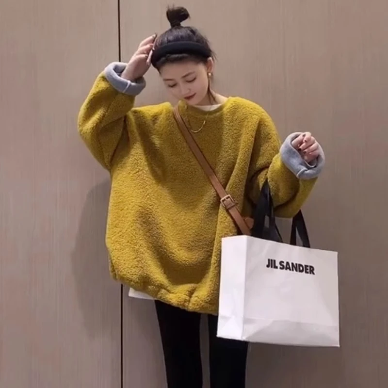 欧洲站羊羔毛卫衣女加绒加厚秋冬2024新款圆领宽松羊羔绒短款上衣
