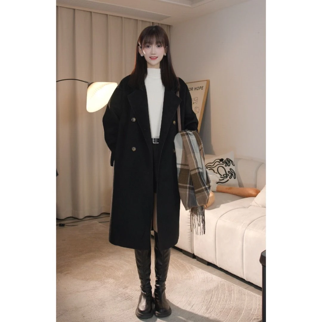2024时尚气质新款双面大衣女长款小个子简约宽松韩版显瘦百搭外套