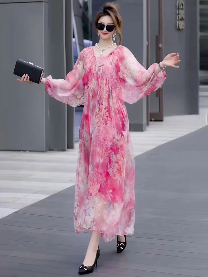 轻奢高定气质九分袖连衣裙女2024夏季新款时尚洋气宽松碎花中长裙