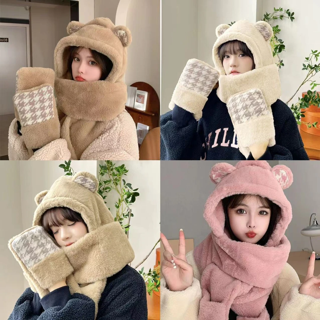 【秋冬必备】新款高颜值加绒帽子围巾手套三件套爆款护耳防风保暖帽