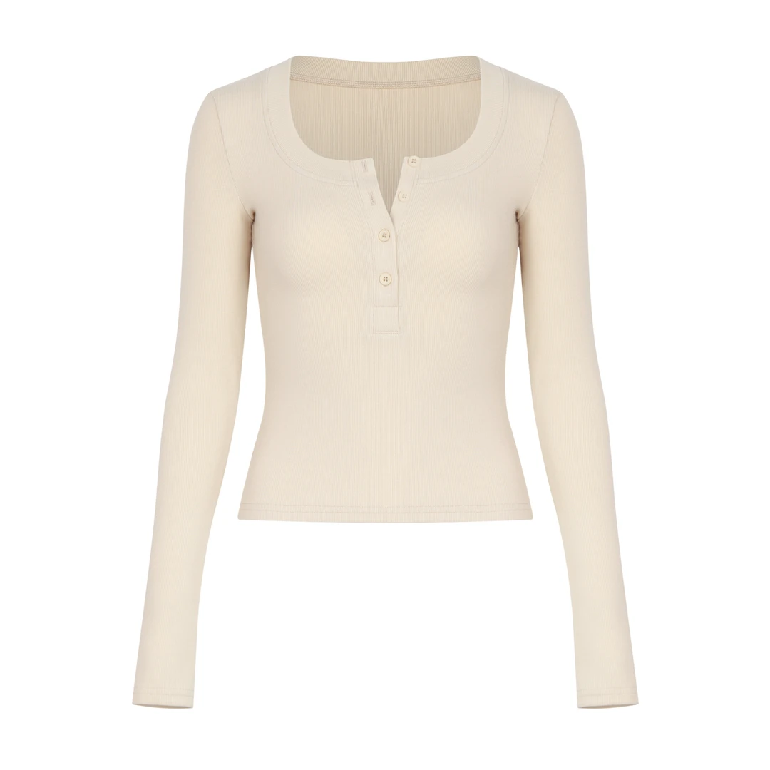 FANGAO【四粒扣螺纹T】早秋新款U领纽扣长袖T恤女百搭修身显瘦打底