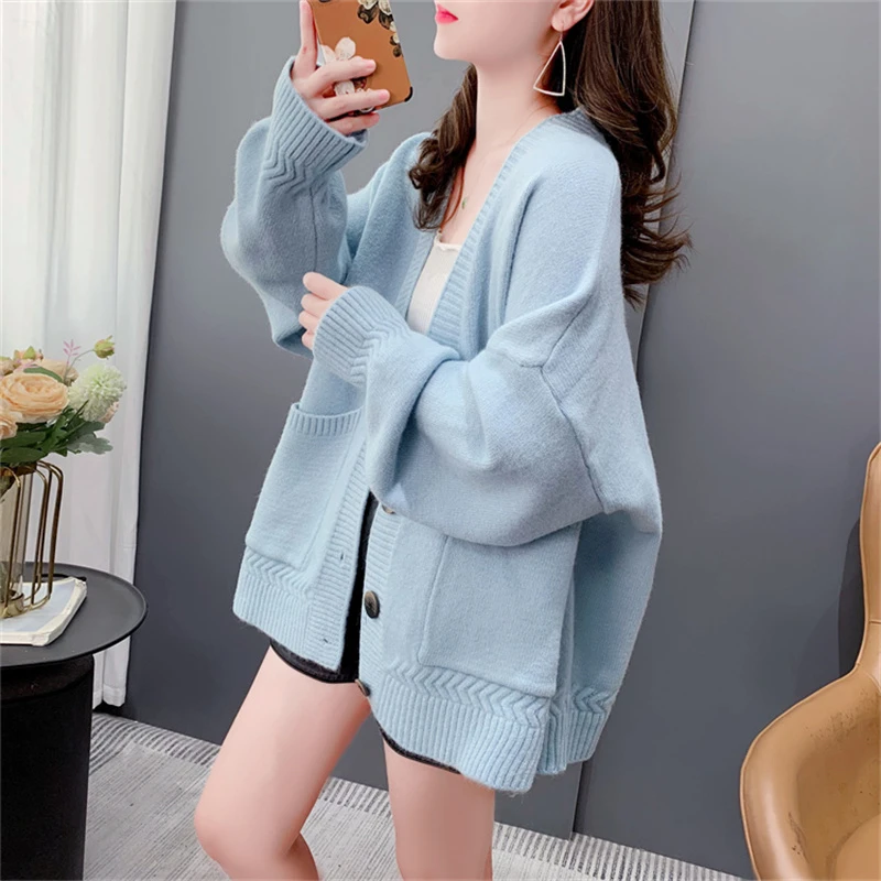 V领毛衣外套女秋冬2023新款韩版宽松加厚百搭慵懒风外穿针织开衫