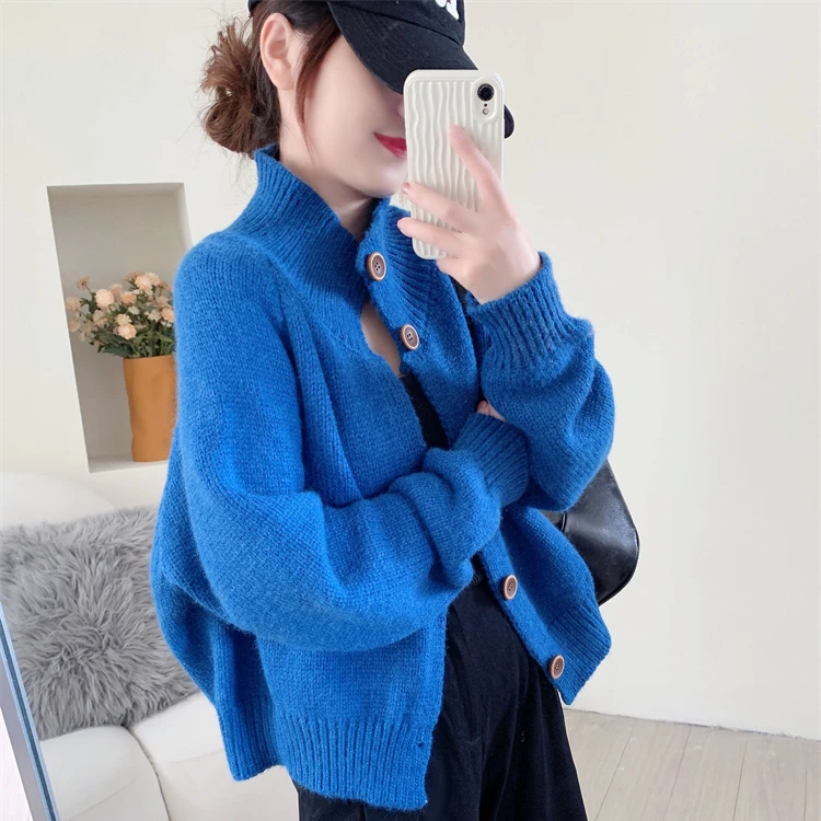 时尚气质木扣半高领毛衣开衫女秋季2023新款女装宽松针织外套上衣