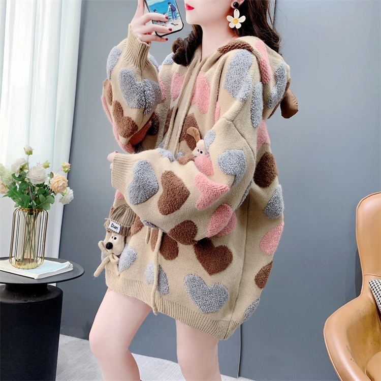 慵懒风可爱减龄爱心提花连帽毛衣女秋冬2024新款宽松加厚针织外套