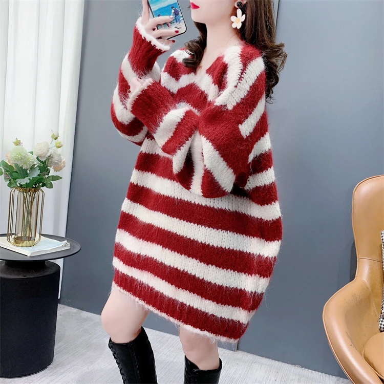 韩系慵懒风V领条纹套头毛衣女秋冬2024新款宽松休闲软糯针织上衣