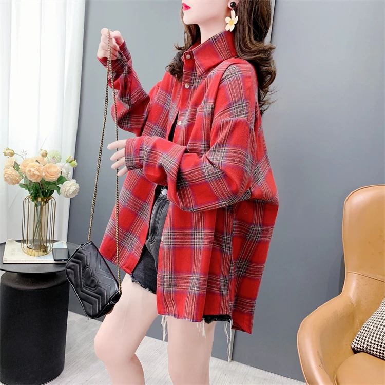 格子衬衫外套女中长款春秋2024年新款韩版宽松洋气小个子长袖上衣