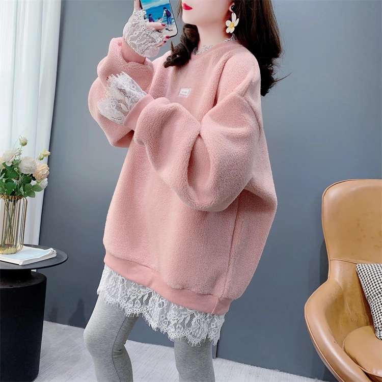 蕾丝拼接假两件加绒卫衣女秋冬2024新款宽松加厚保暖圆领外套上衣