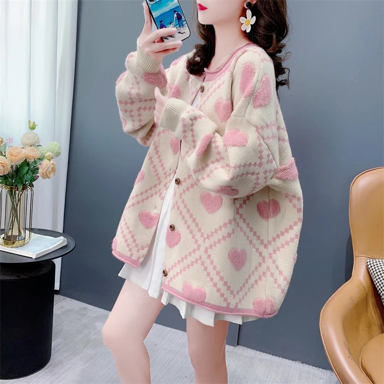 温柔风软糯爱心圆领毛衣开衫女2024新款秋季宽松减龄甜美外套上衣