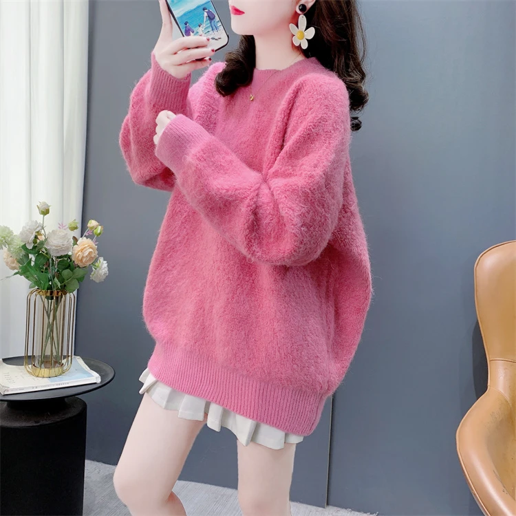 软糯加厚羊羔圆领毛衣女秋冬2024新款宽松慵懒风百搭长袖针织上衣