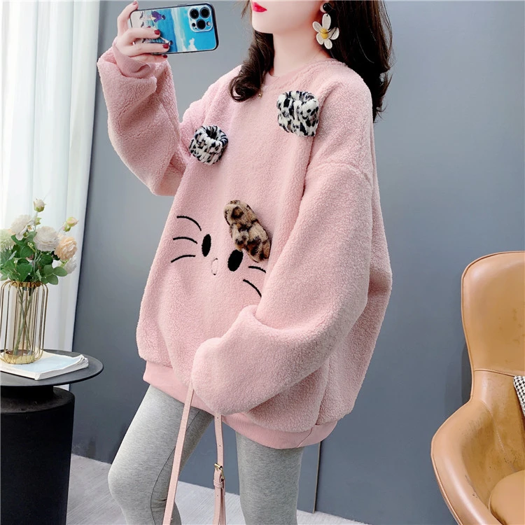 日系卡通可爱圆领羊羔卫衣女加绒加厚2024秋冬新款宽松慵懒风上衣