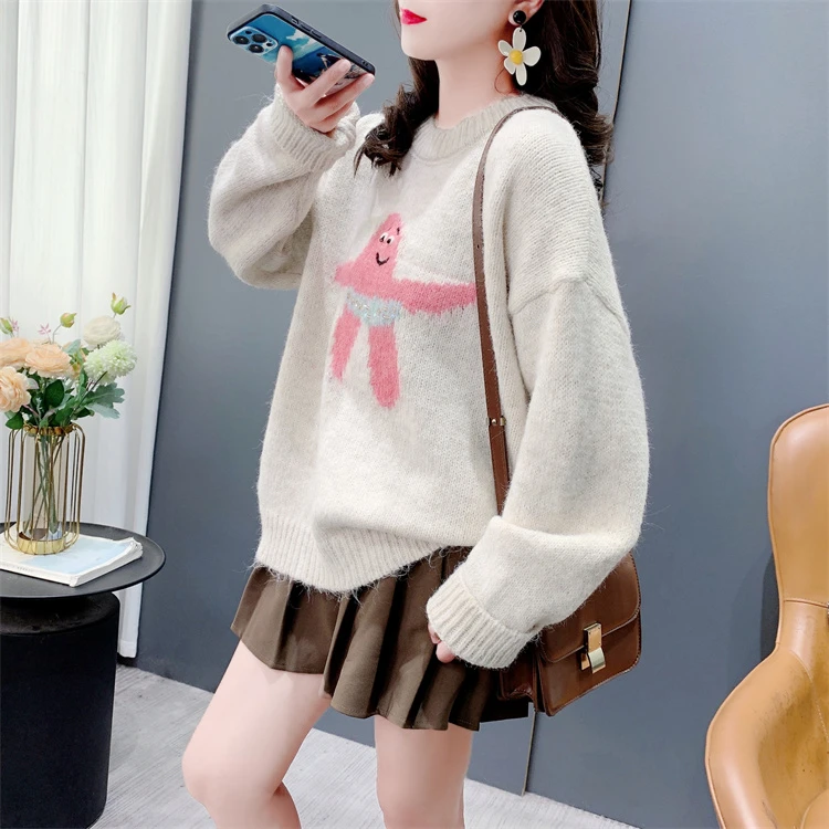 今年流行温柔风软糯派大星圆领毛衣女套头秋冬新款百搭长袖针织衫