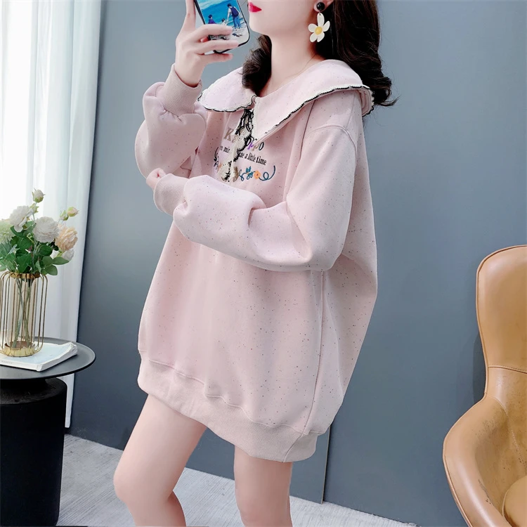 学院风甜美减龄娃娃领加绒卫衣女秋冬季新款宽松加厚洋气外套上衣