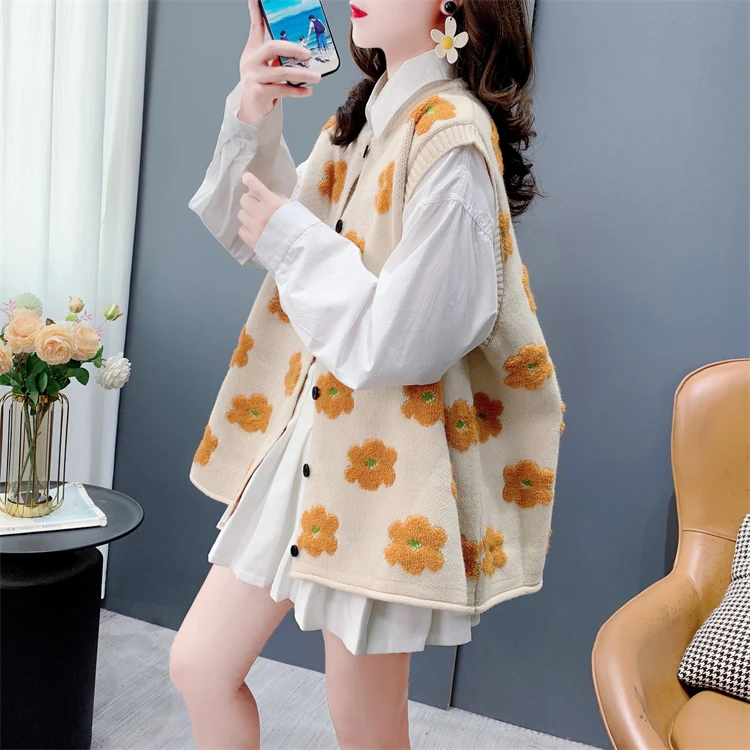 小清新毛巾绣提花针织马甲背心女秋季新款洋气减龄无袖坎肩上衣潮