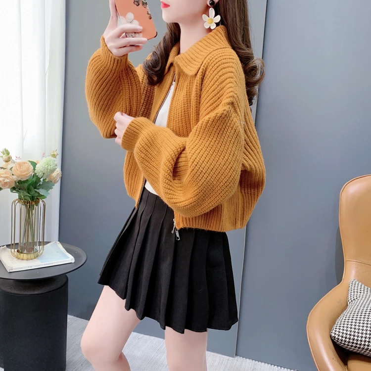 小个子显高翻领双拉链短款毛衣外套女春季2025年新款韩版针织开衫