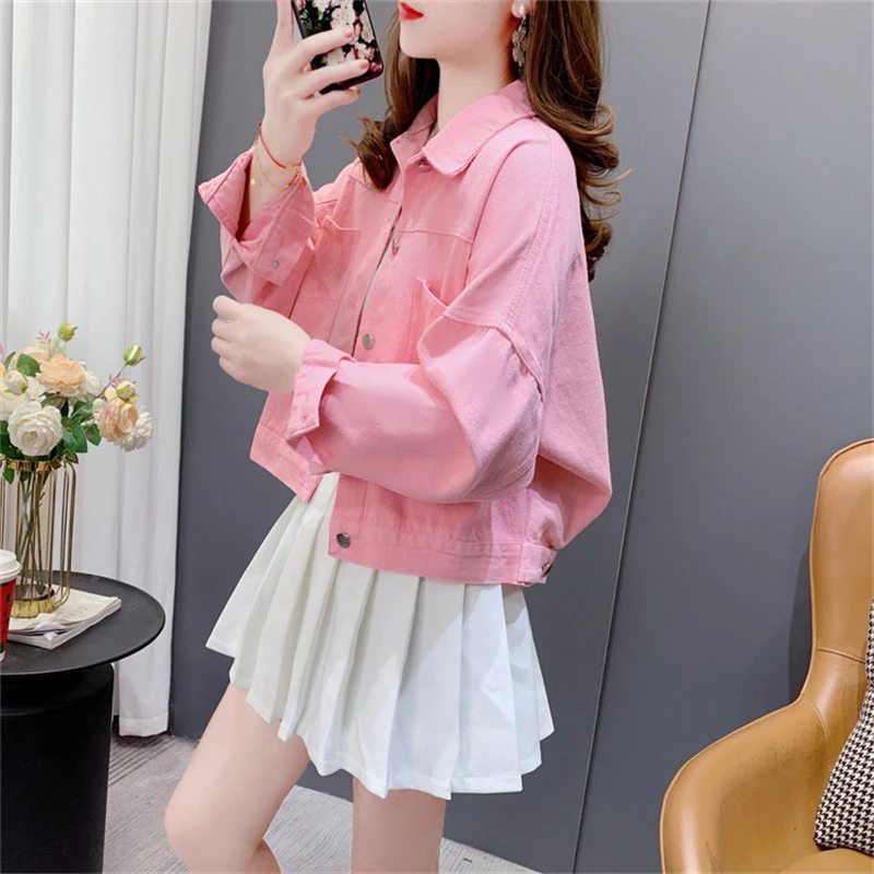 糖果色牛仔外套女春秋2024年新款宽松短款小个子百搭复古夹克上衣