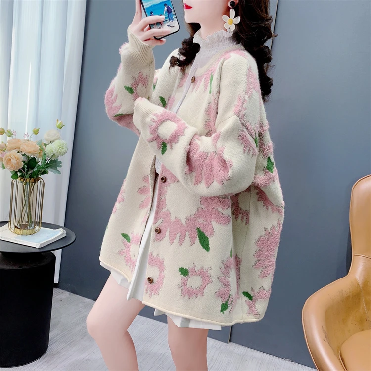 原宿风森系提花圆领开衫毛衣女秋冬2024新款宽松洋气减龄针织外套